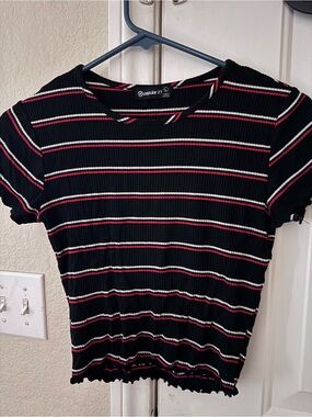 POPSUGAR Black Tee with Pink and White Stripes